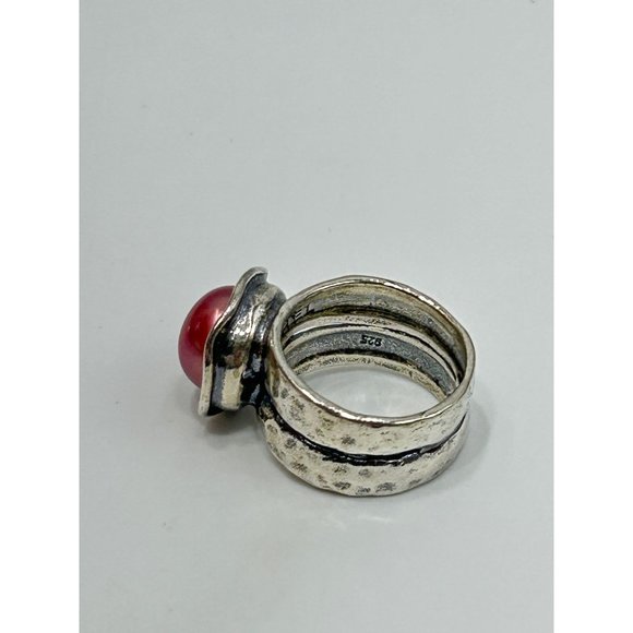 Didae Israel Sterling Silver Dyed Red Pearl Ring Size 5 925 Hammered Design - Picture 4 of 11